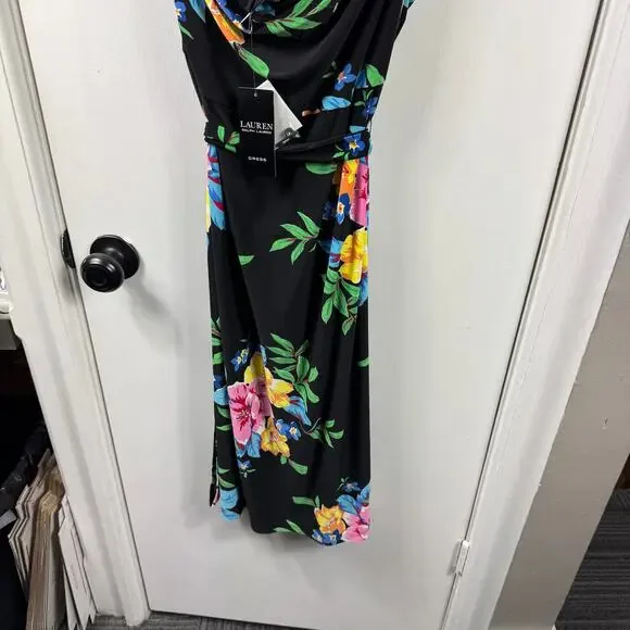 Lauren Ralph Lauren Floral Halter Midi Dress Size 12 – Black Tropical Belted NWT - Picture 7 of 12
